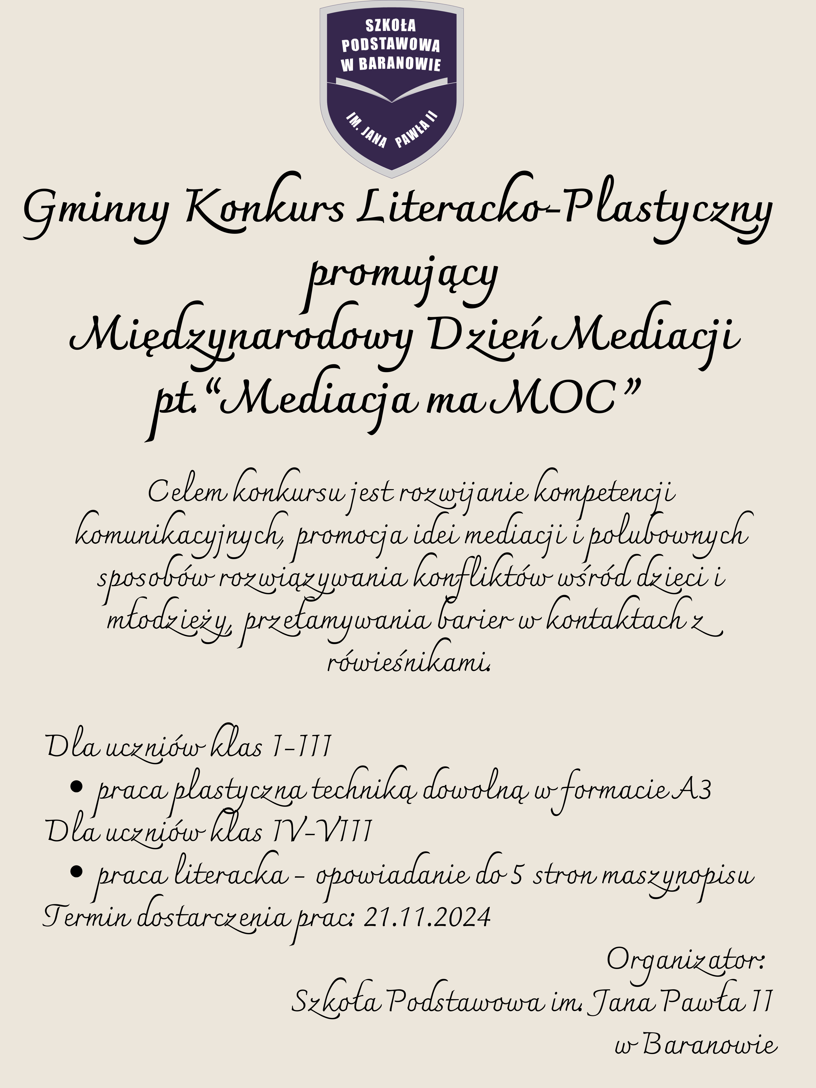 Gminny Konkurs Plastyczny promujący Międzynarodowy Dzień Mediacji pt.“ Mediacja ma MOC”